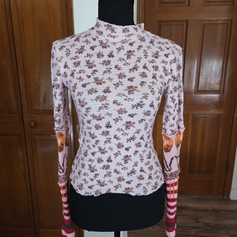 FREE PEOPLE- Pink Floral Mock Neck Long Sleeve Top with Patterned Cuffs